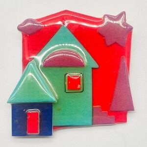 Designs by Lucinda Winter Scene Resin Brooch Snowman Penguin House 2.75"x2"